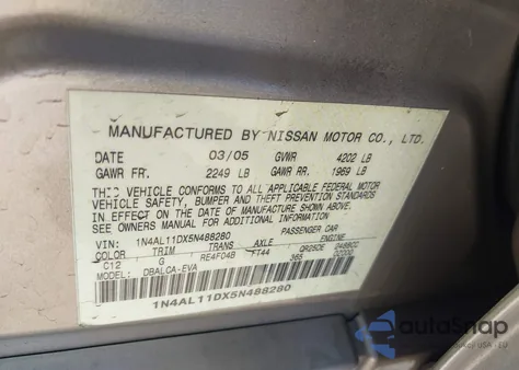 2005 Nissan Altima 2.5 S from USA, damaged, VIN 1N4AL11DX5N488280
